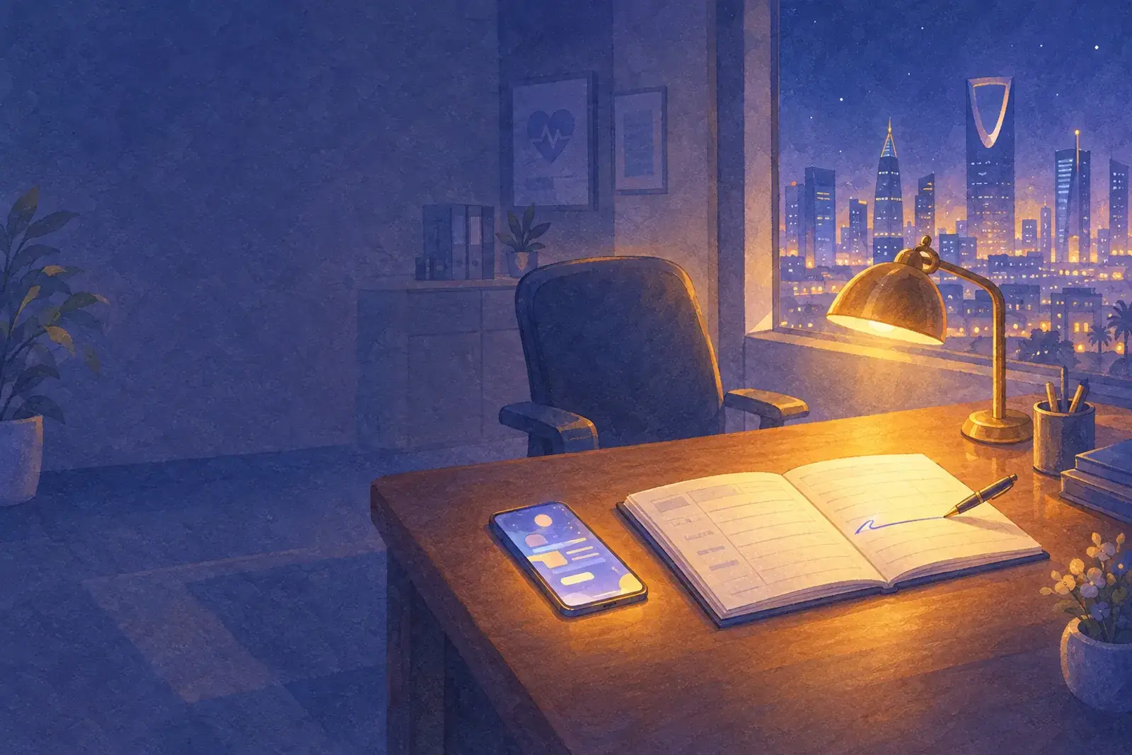 A clinic back office at night: a brass lamp lights an open appointment book with a fresh ink stroke beside a glowing phone.