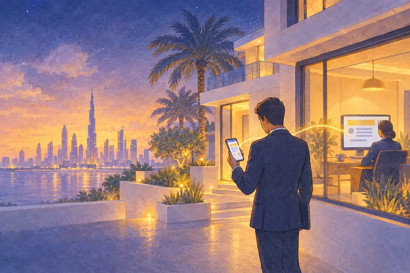 A Dubai agent seen from behind outside a villa at dusk checks a phone, while a thread of light runs to a colleague’s screen in the lit office.