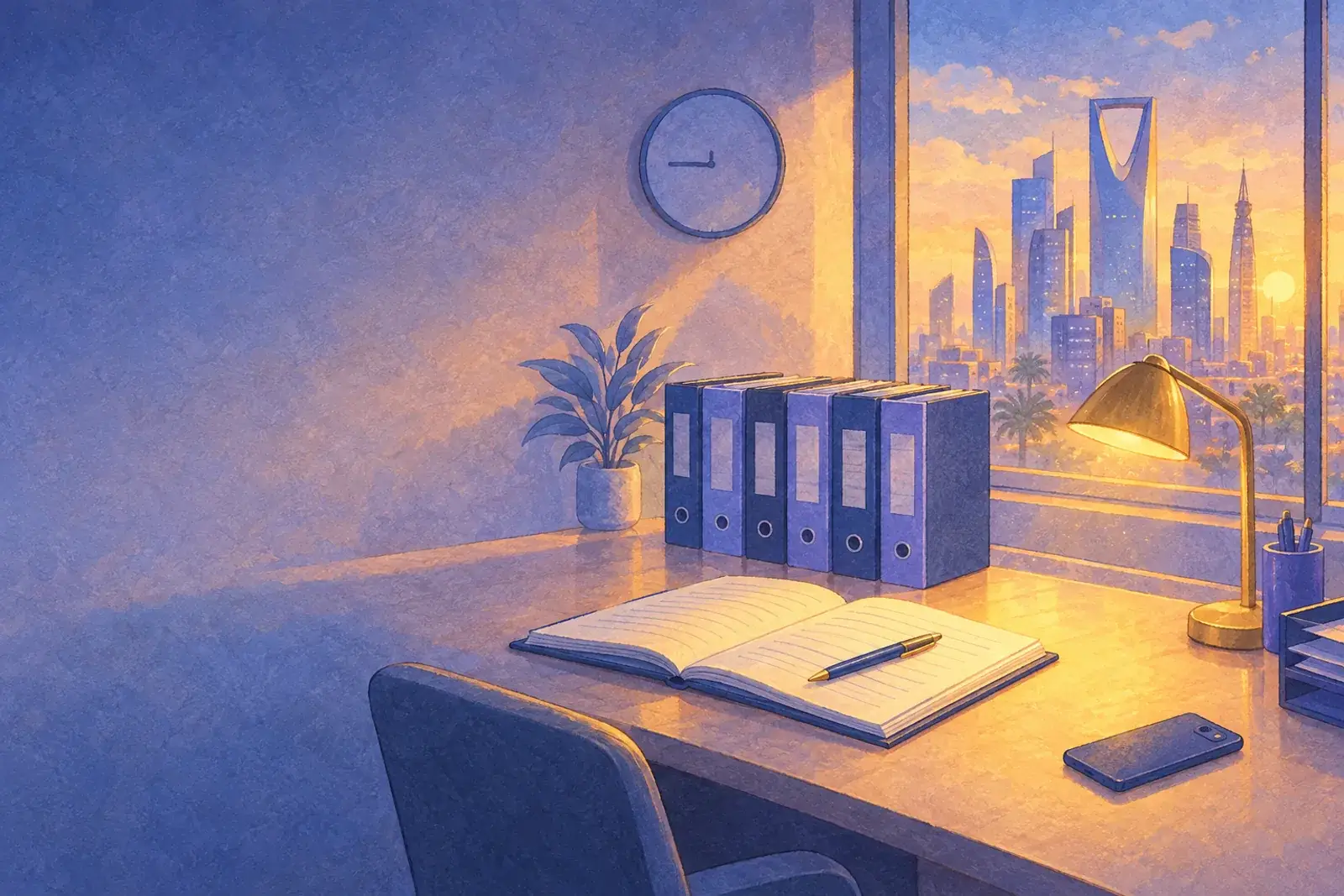 A compliance desk in warm light: navy binders, an open ruled register with a pen, a wall clock near nine and a phone face down.