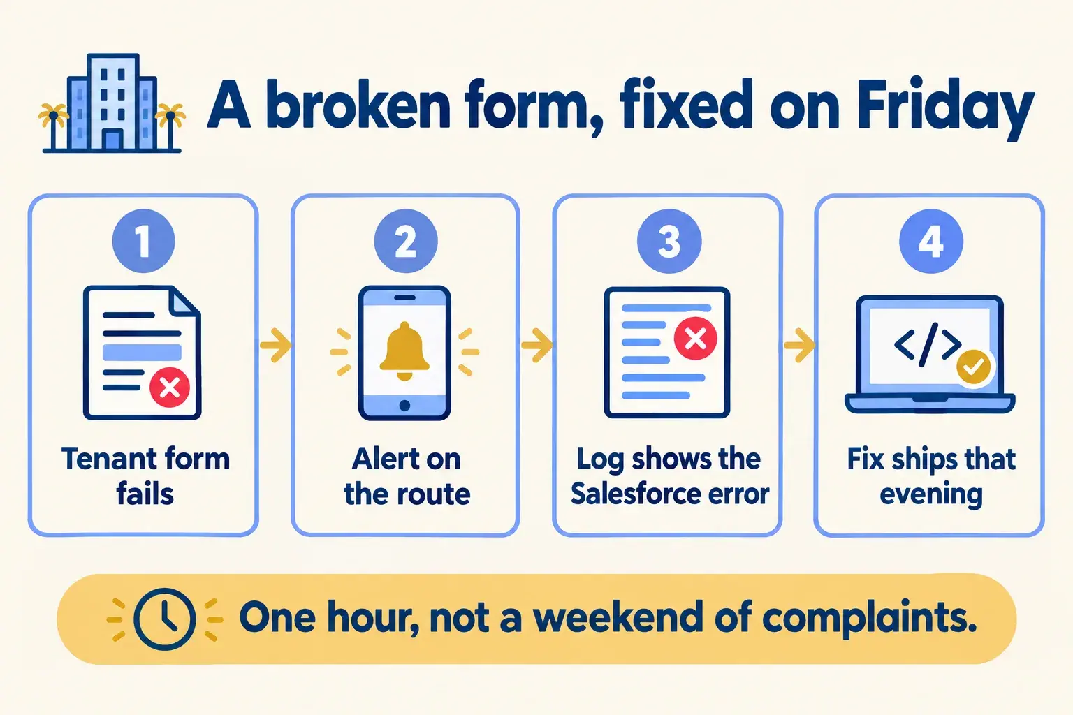 A tenant portal flow: a form fails, an alert fires, the log shows the Salesforce error, the fix ships that evening.
