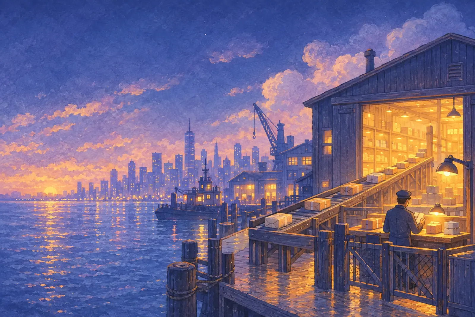 A harbour sorting shed at dusk where parcels ride a conveyor inside and a clerk checks the few set aside
