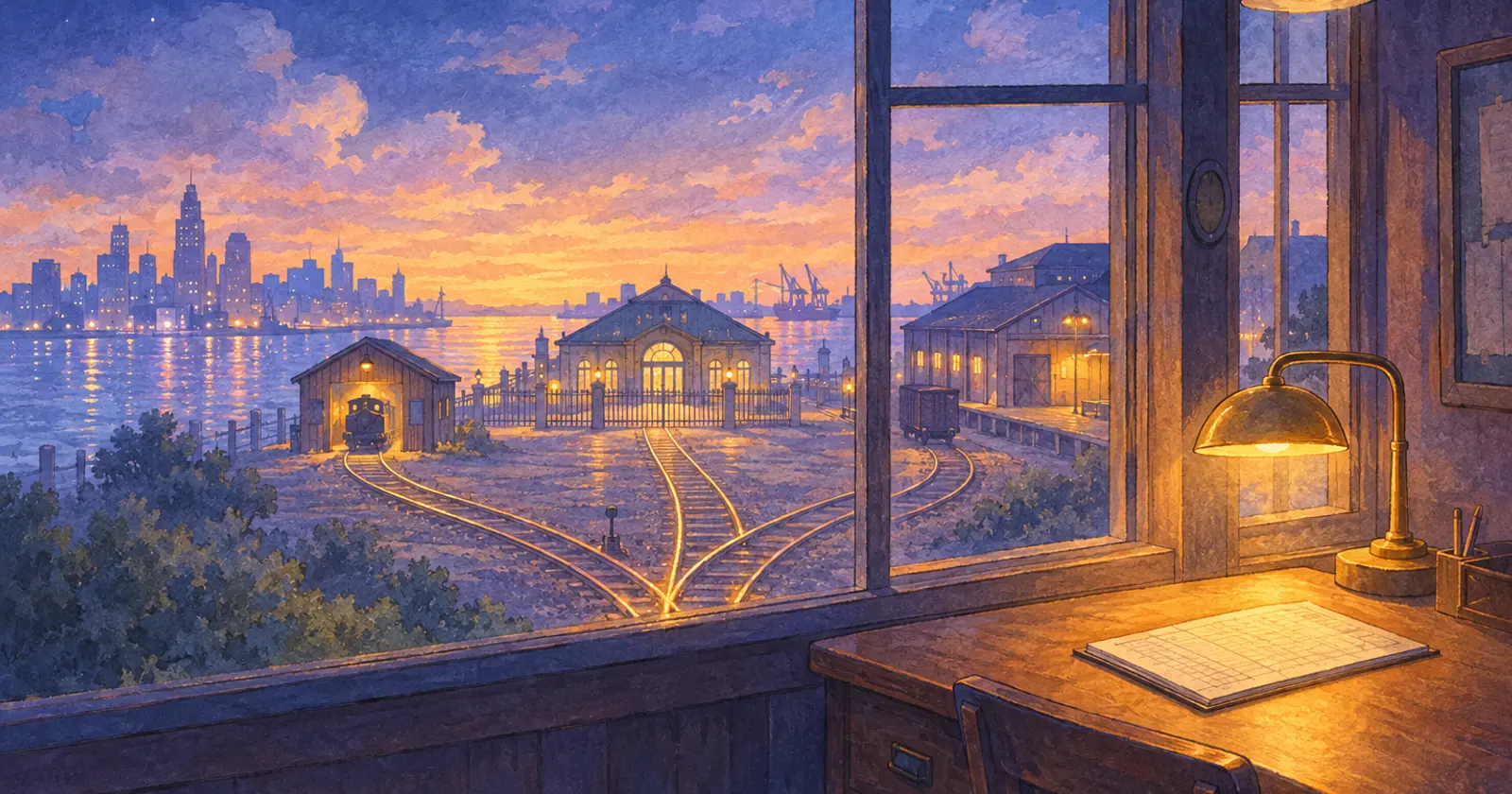 A lamplit dispatcher's desk above a rail yard where one track splits three ways to a shed, a gated depot and a warehouse