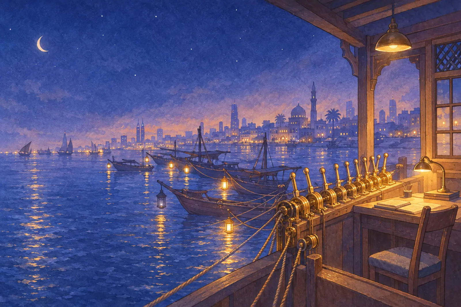 A harbour office at night on a creek, with a wall of brass levers and ropes running out to lanterns on many small boats