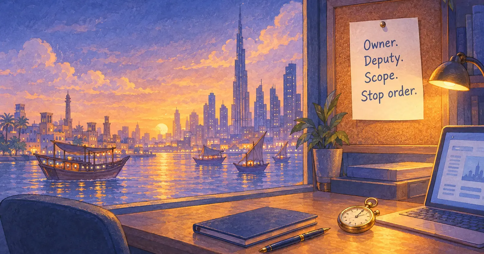 A sheet pinned on a cork board by a window over Dubai creek reads Owner. Deputy. Scope. Stop order.