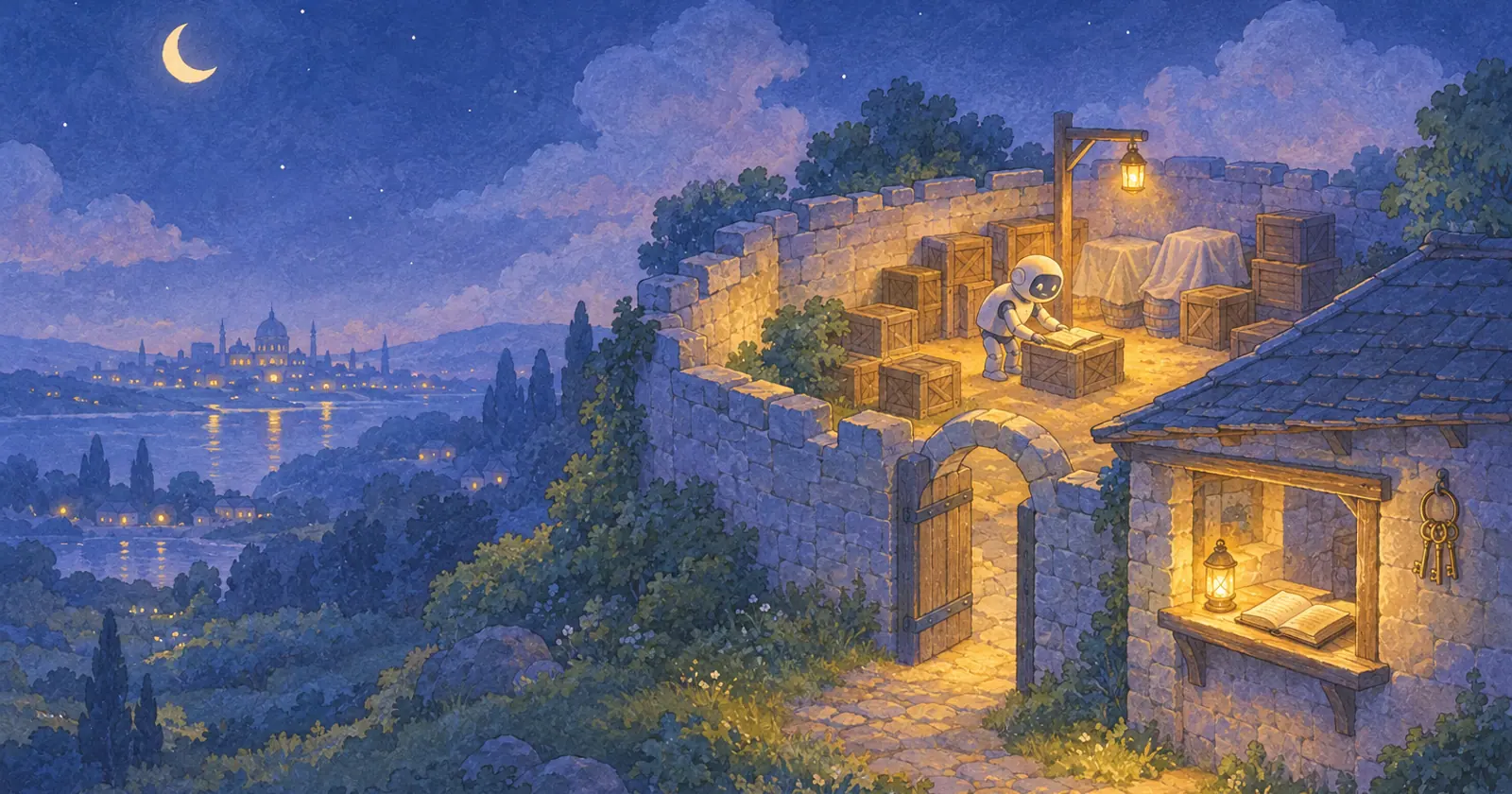 A robot works inside a walled courtyard at night while the keys hang in a gatehouse outside the wall, out of its reach