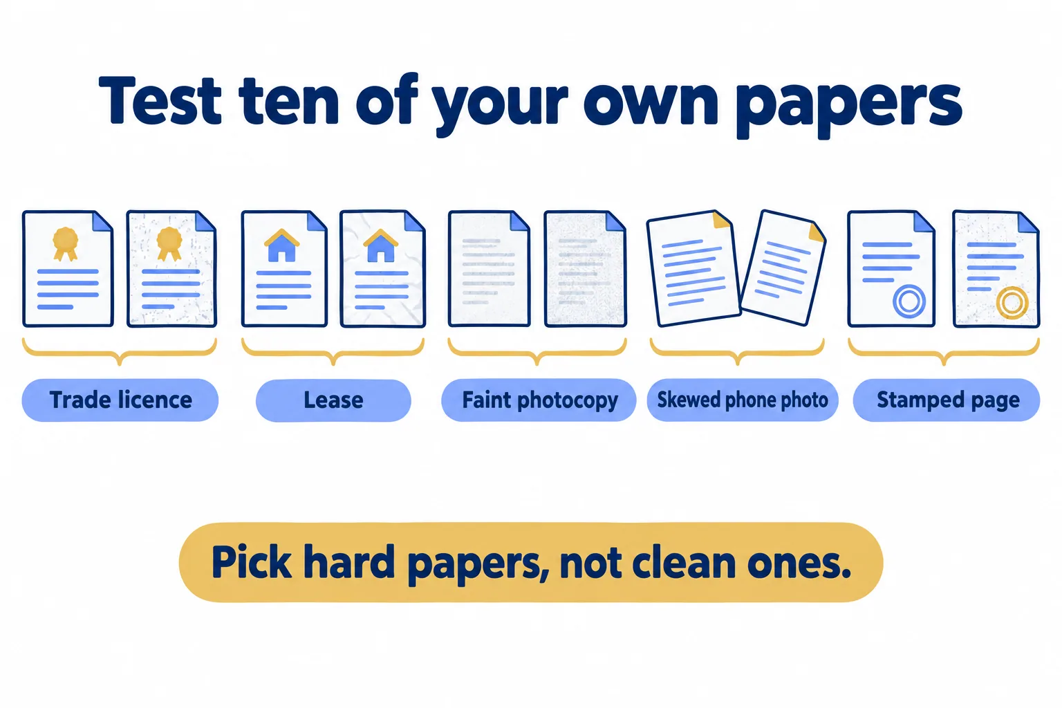 Ten papers: licence, lease, faint copy, skewed photo, stamped page. Check search, text order, file size