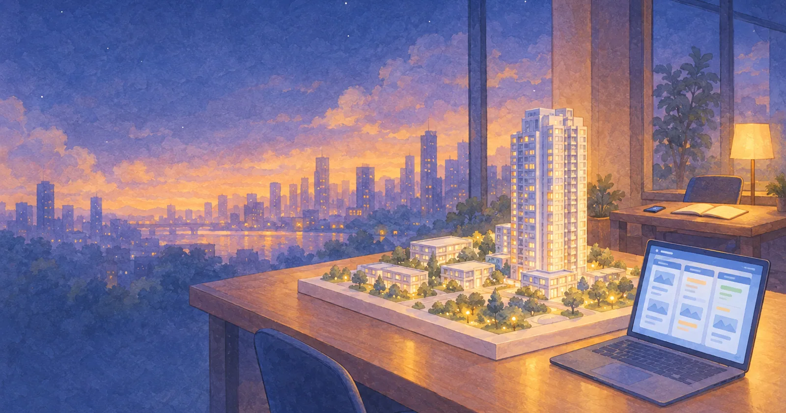 A sales gallery at dusk: a tower model and a laptop of pipeline cards, and a small desk with one phone and a notebook