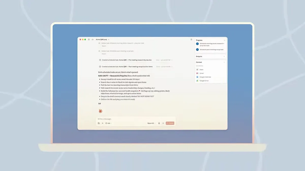 Anthropic screenshot: a Claude task scheduling account-prep runs, with Slack, Gmail, Calendar and Drive connectors