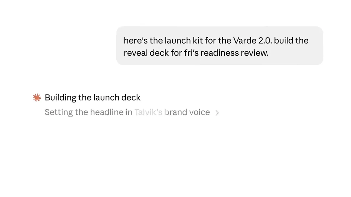 Anthropic screenshot: a request for a launch reveal deck and Claude replying that it is building the deck