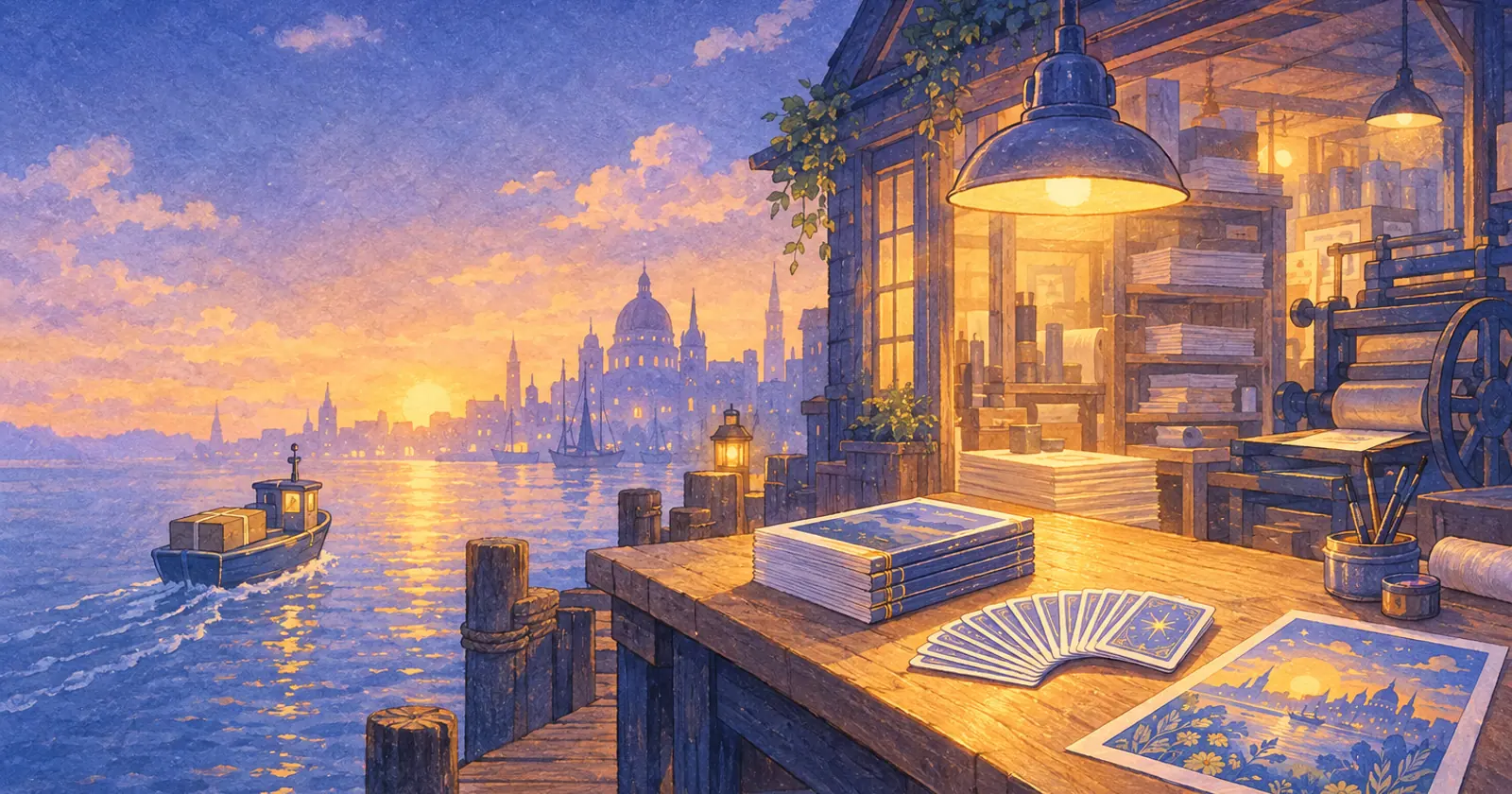 A lamplit harbour print shop at dawn where one stack of paper becomes a bound report, a deck of cards and a poster