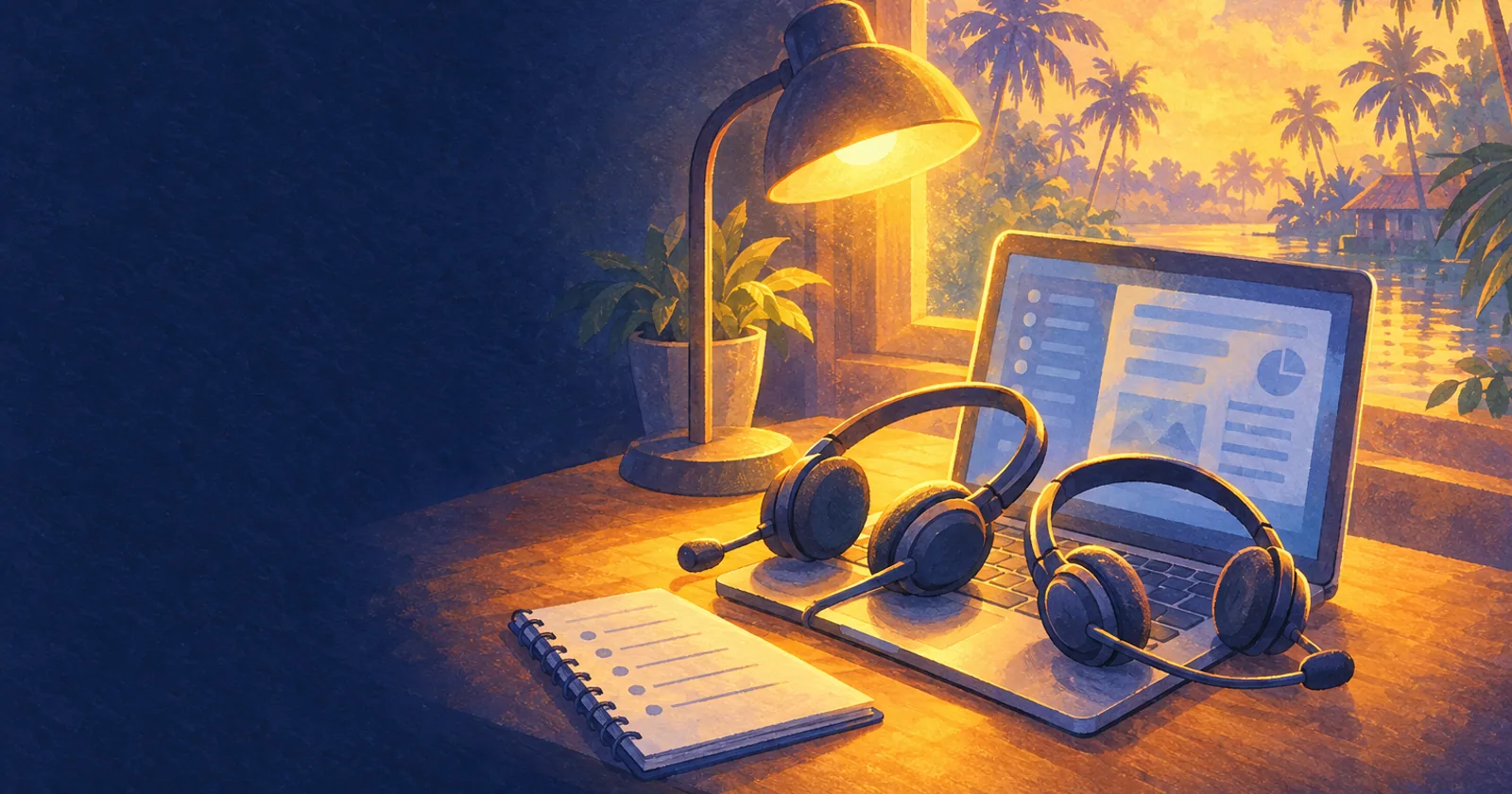 A collections desk at dusk: headsets on a laptop, a call-back list and a lit lamp, backwaters beyond the window