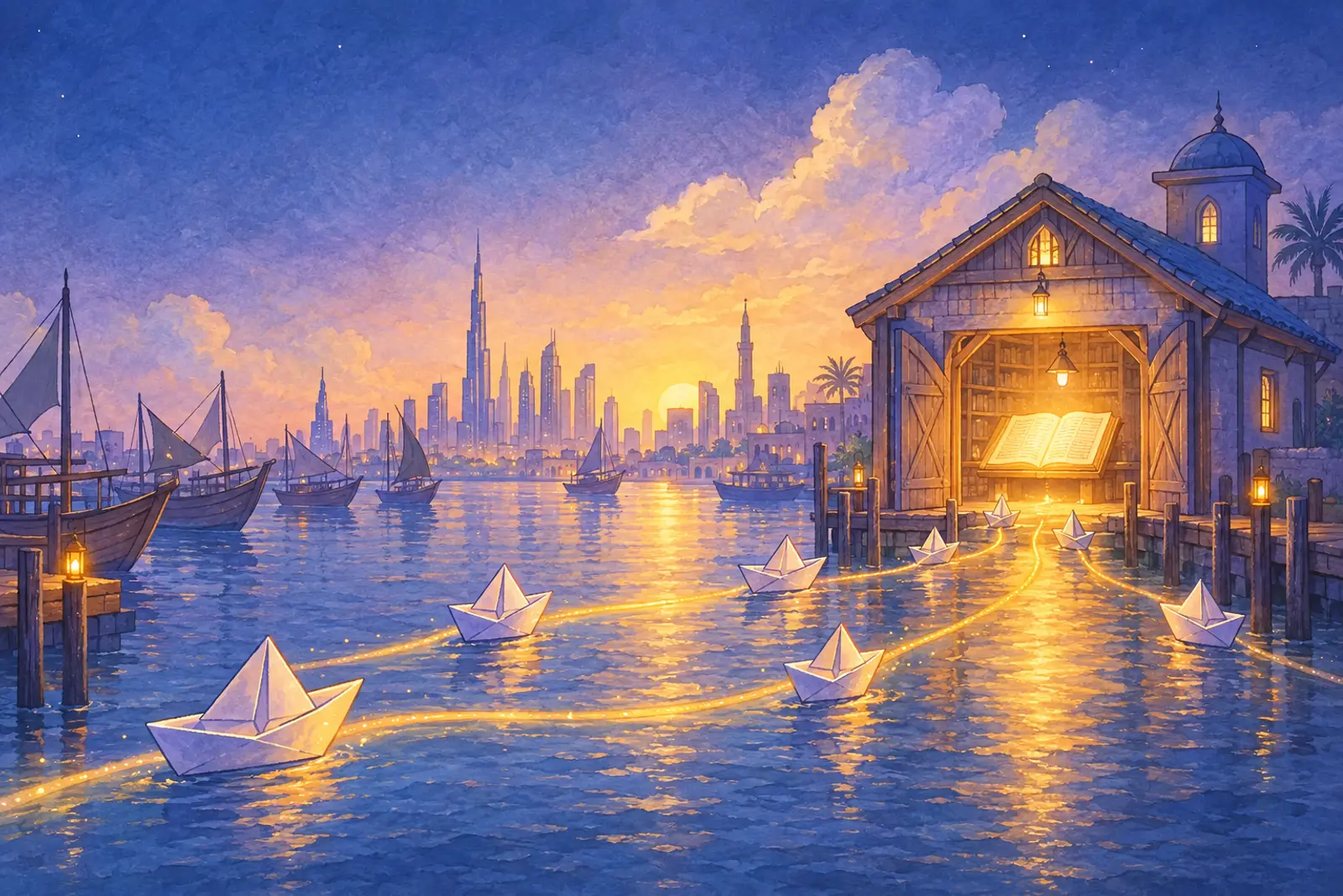 Paper boats from several piers sailing along glowing paths into one lit boathouse that holds a single open ledger