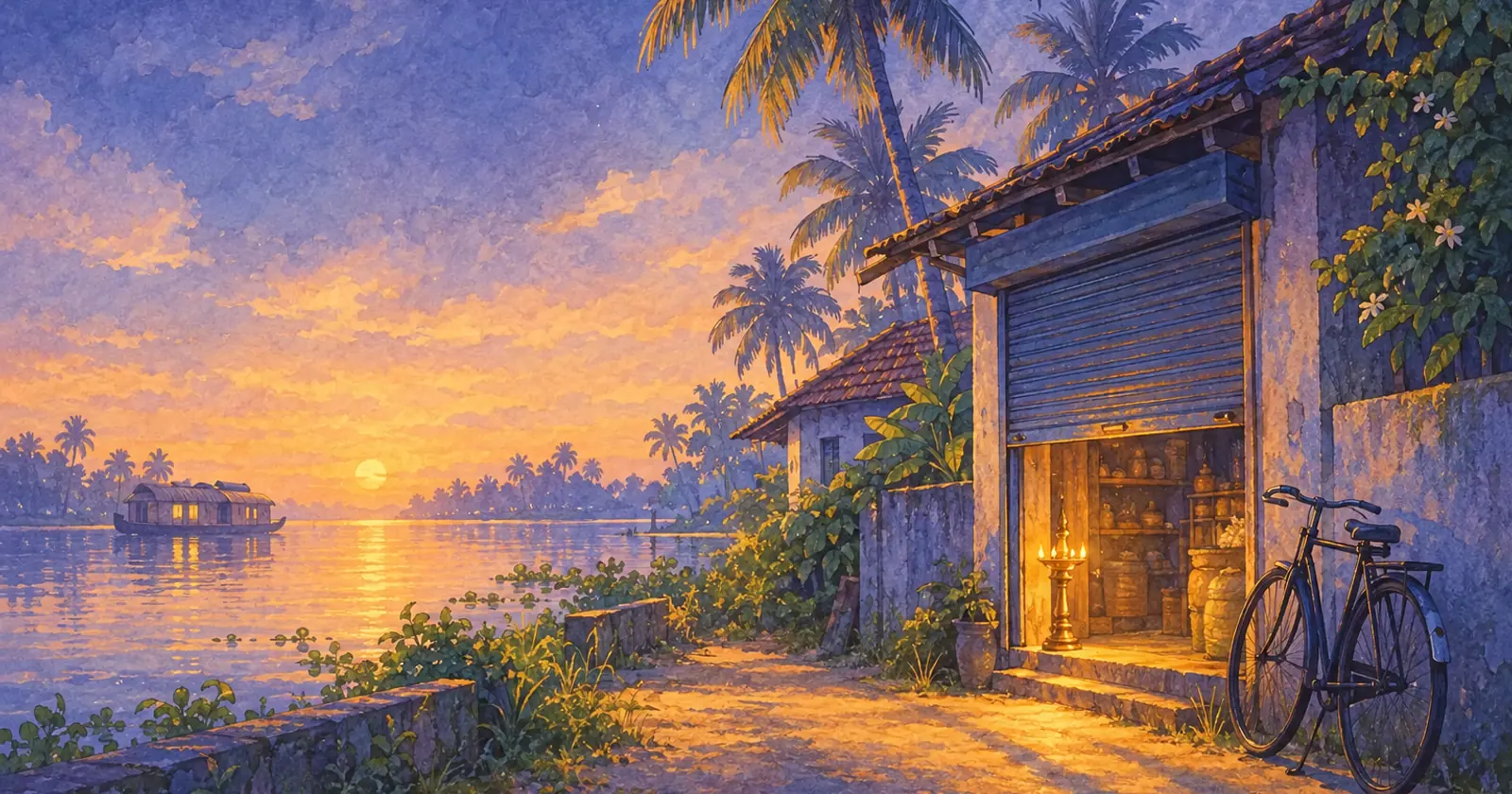 A Kochi lane at sunset, a shop shutter half down and a brass lamp lit at the open door