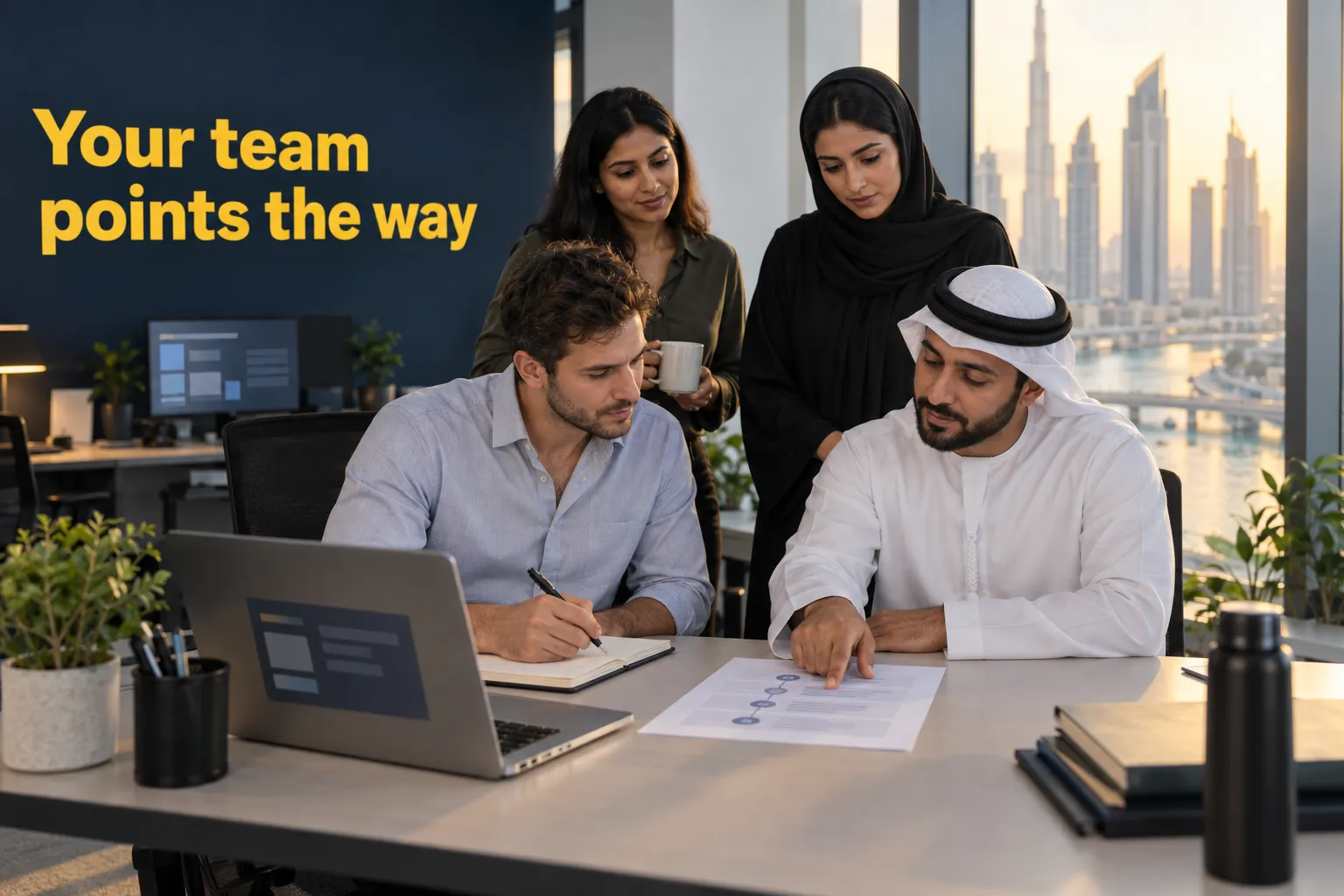 Illustrative photo: an operations lead points at a process sheet beside an engineer, words Your team points the way
