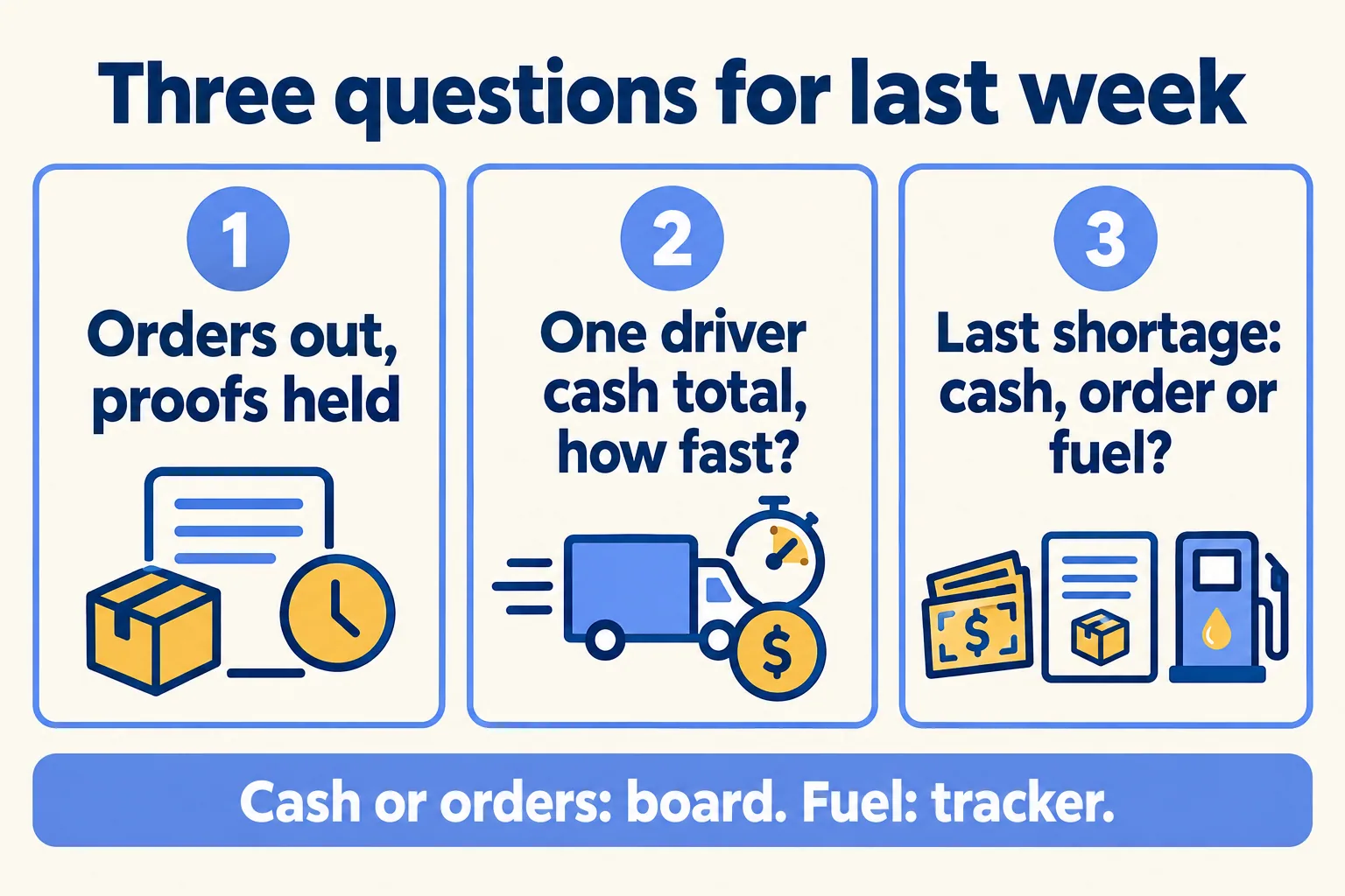 Three questions for last week: proofs held, one driver cash total, and the last shortage