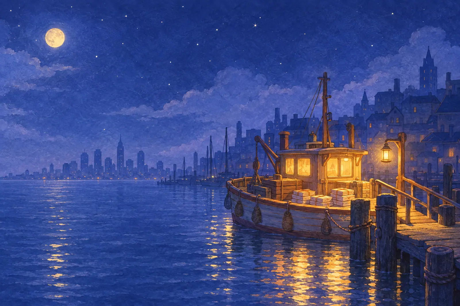 A lamp-lit workshop boat keeps working at a dark dock while the windows of the town have gone out