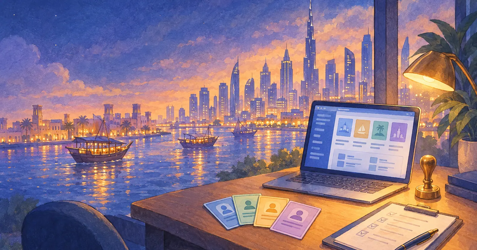 A Dubai office desk at dusk with a laptop, four coloured agent cards, a brass stamp and a checklist, dhows on the creek behind