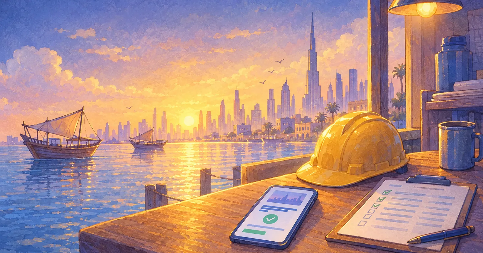 A hard hat on a camp table beside a phone showing a lesson with a green tick and a paper sign-in sheet at dawn