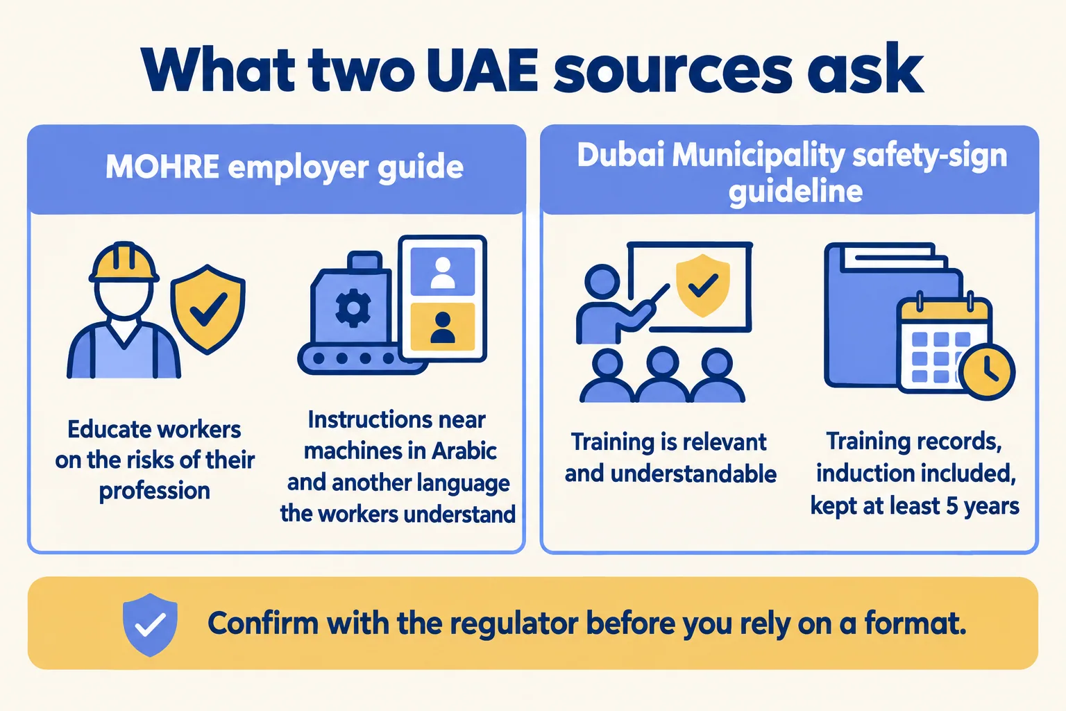 MOHRE: educate workers, instructions in two languages. Dubai Municipality: understandable training, records kept five years
