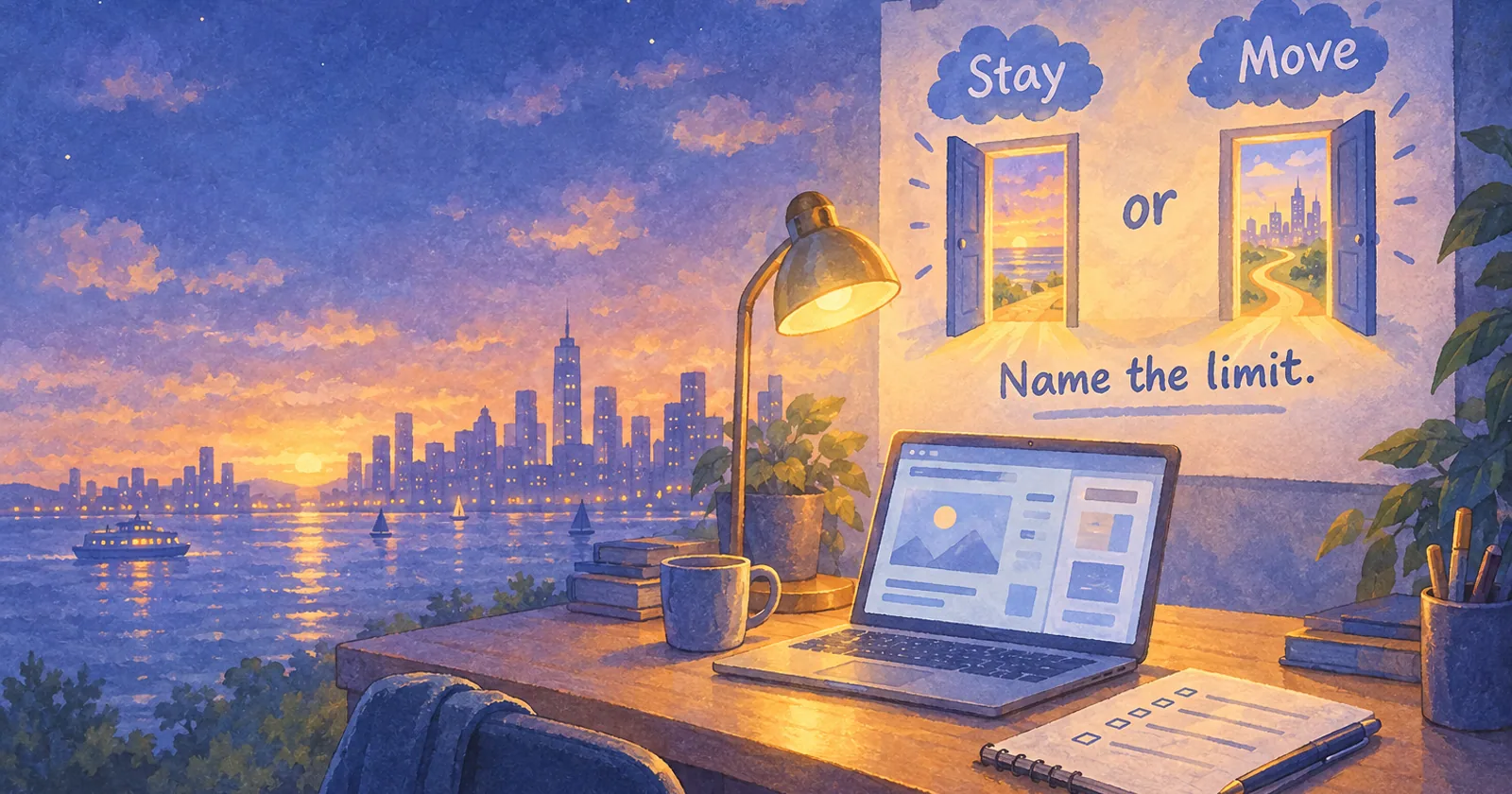 A desk with a laptop and checklist under a wall chart showing two open doors, Stay and Move, and the words Name the limit