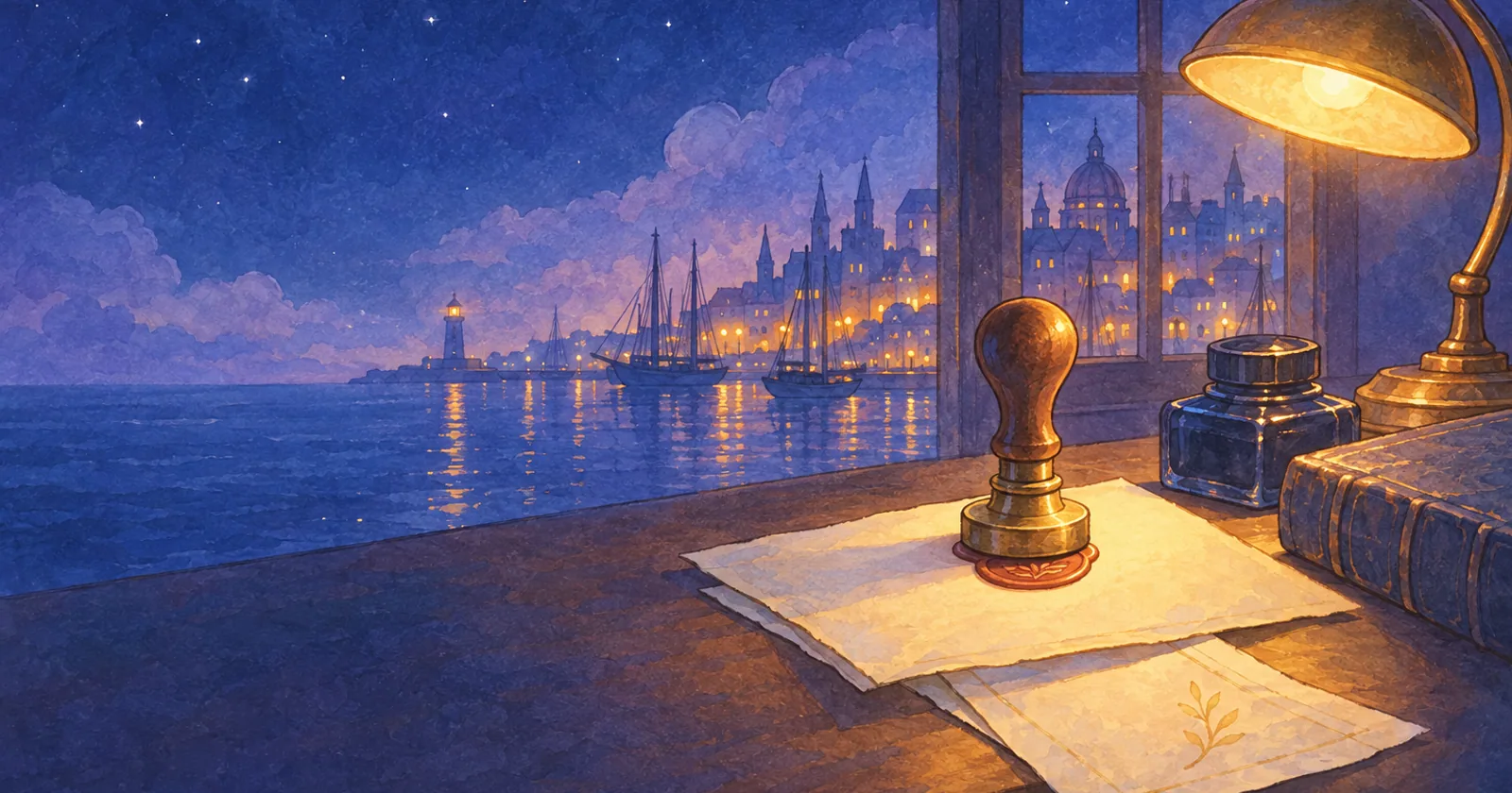 A lamp-lit harbour desk at night with a stamped slip of paper and a second sheet sliding out from beneath it
