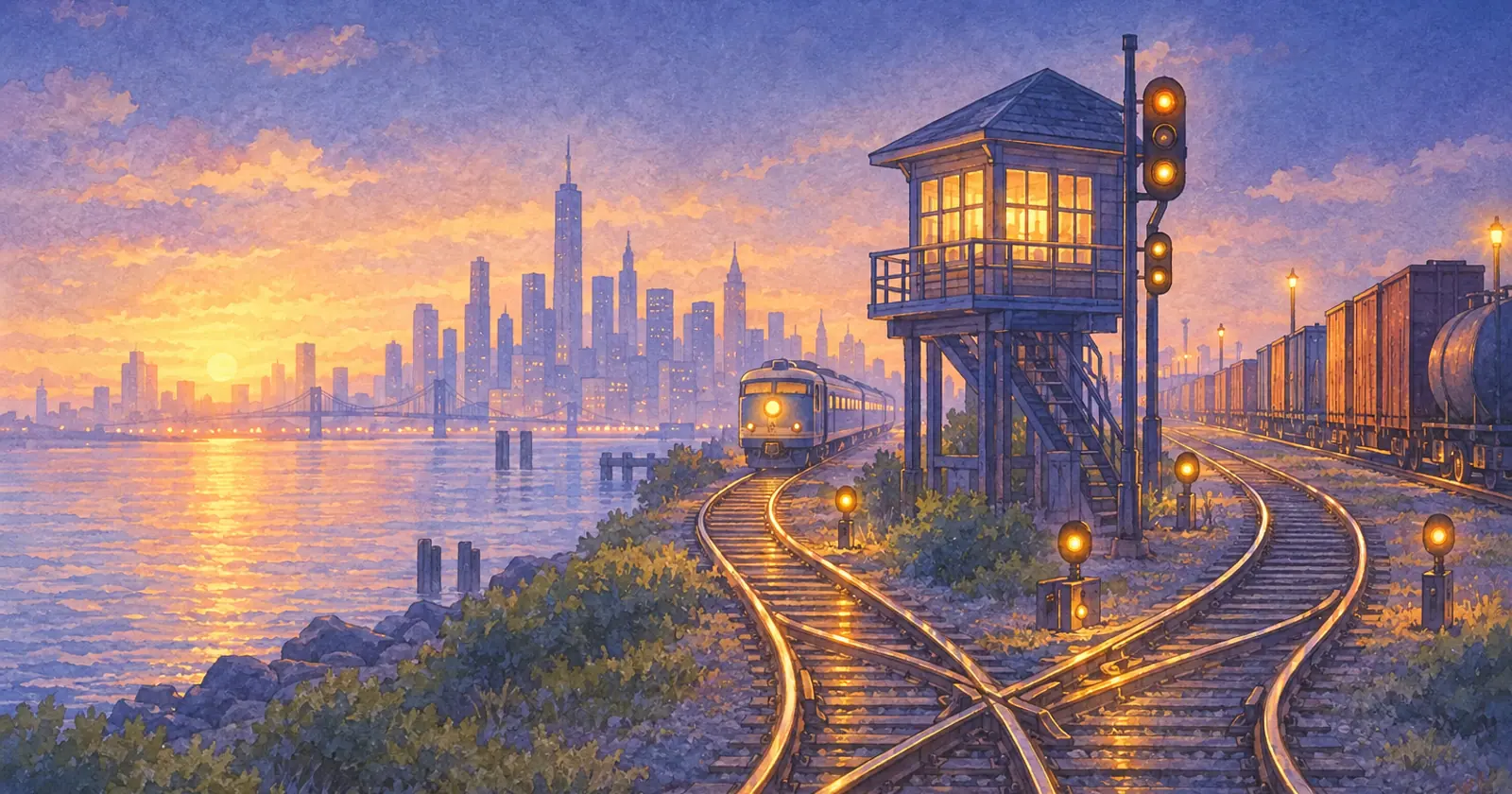 A lit signal box above a switchyard where one track splits into three, a short train and a long freight train waiting