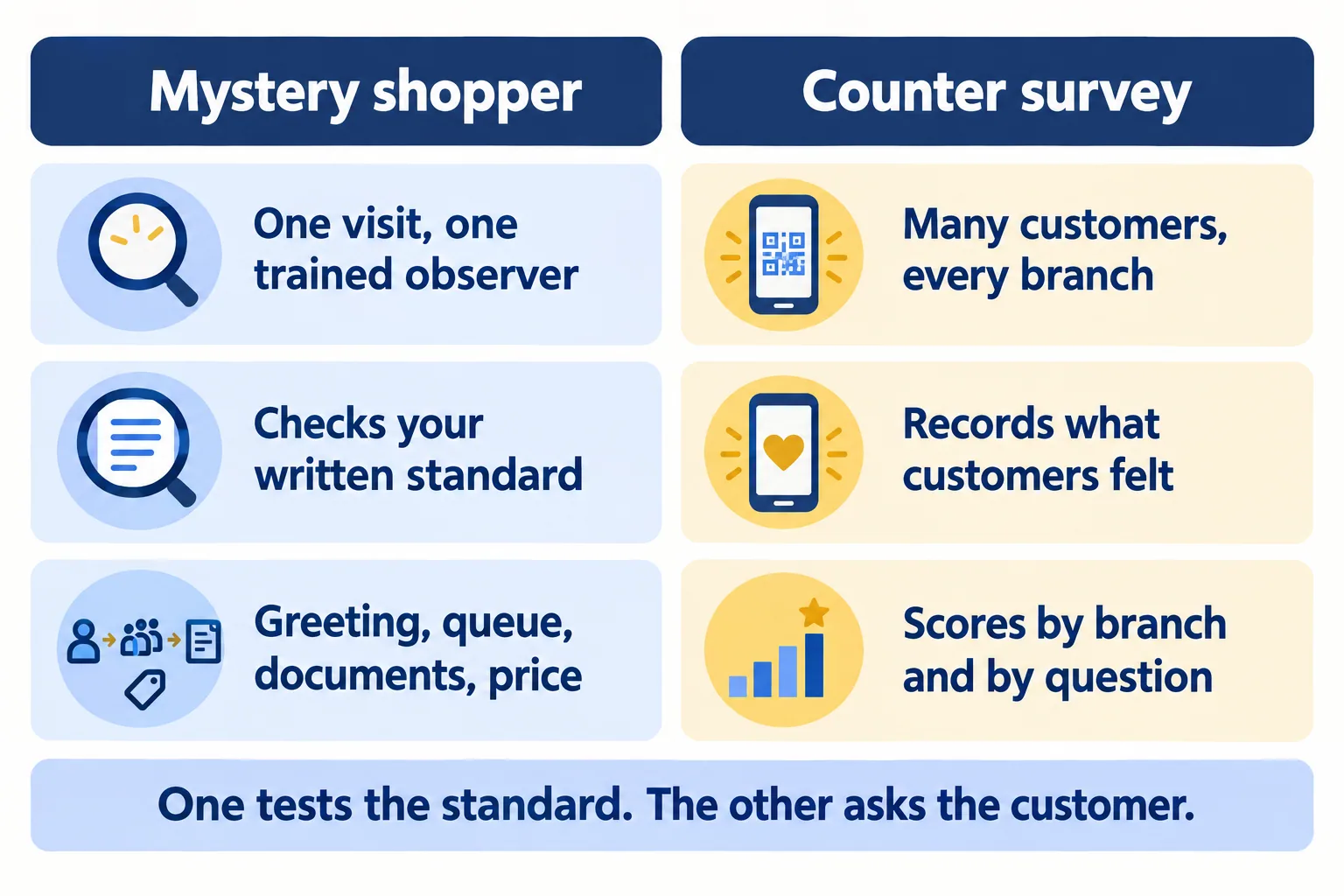 A mystery shopper checks one visit against your standard; a counter survey collects what many customers felt, by branch