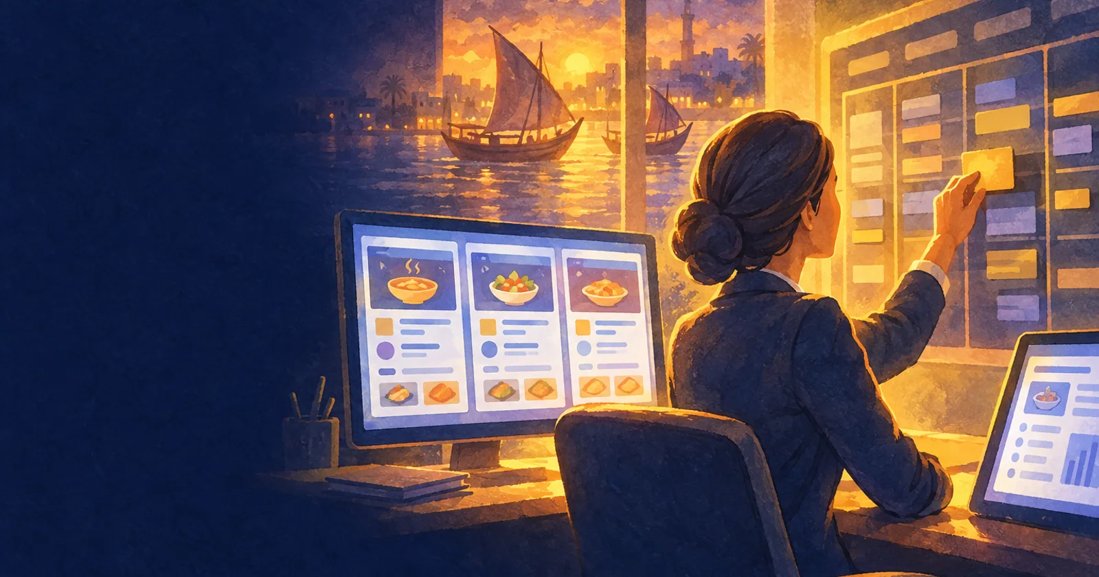 A head-office manager moves one block on a wall schedule while three branch menu screens update on her monitor