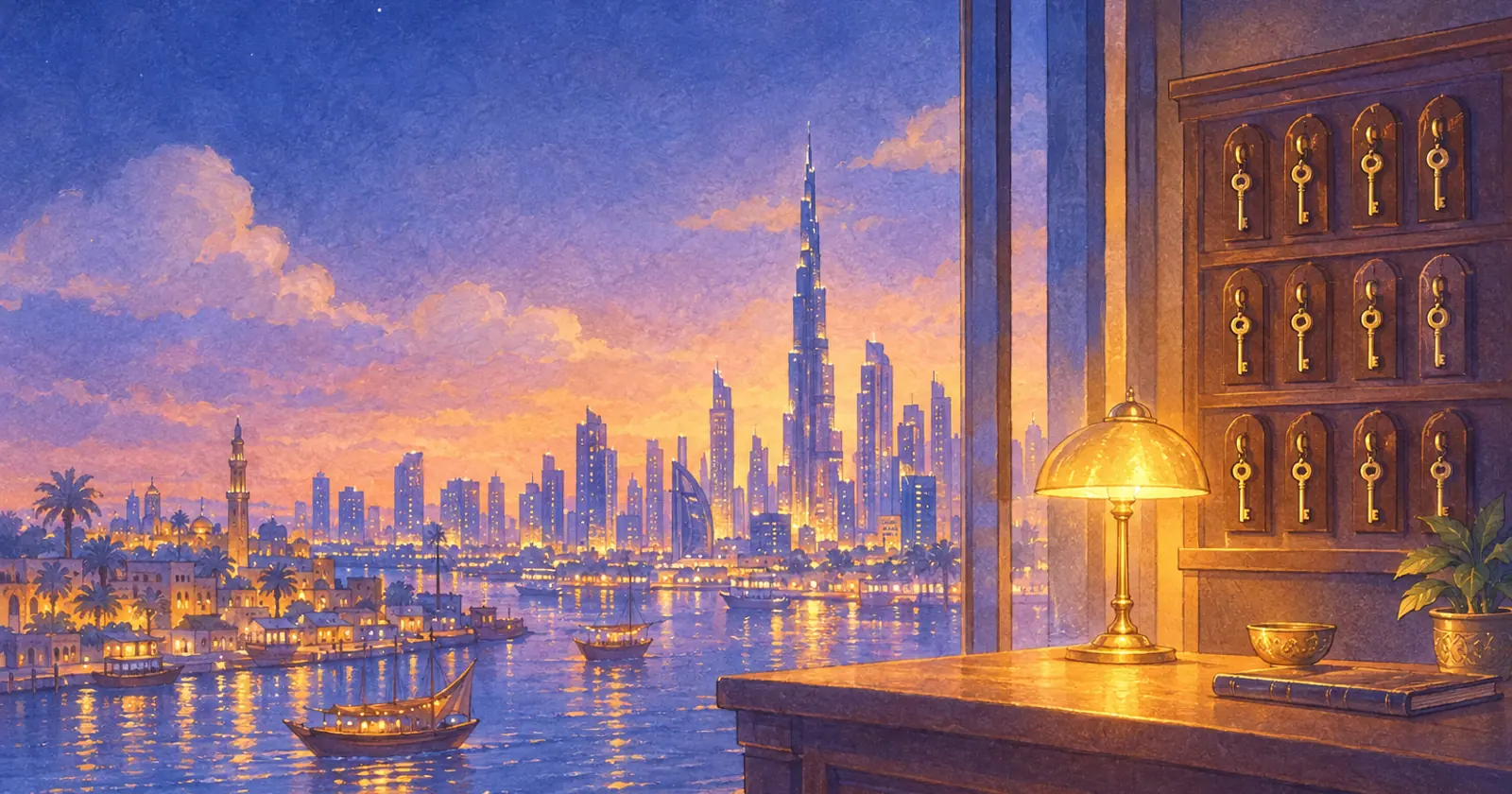 A brokerage desk with a lamp, a ledger and a board of brass keys, facing Dubai Creek and the skyline at dusk