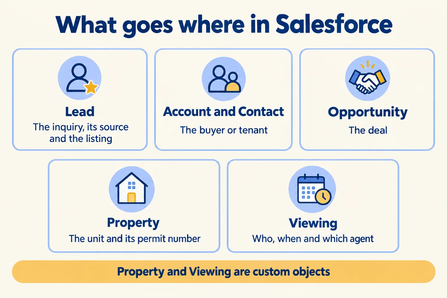 Lead, Account and Contact, Opportunity, and custom Property and Viewing objects, with what each holds