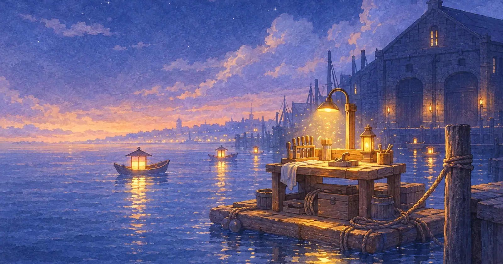 A lamplit workbench on a small raft by a harbour post, with a dark stone warehouse shut across the water