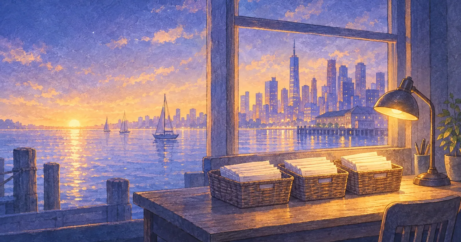 A desk lamp lights three baskets of sorted invoices beside a window onto a calm city waterfront at dawn