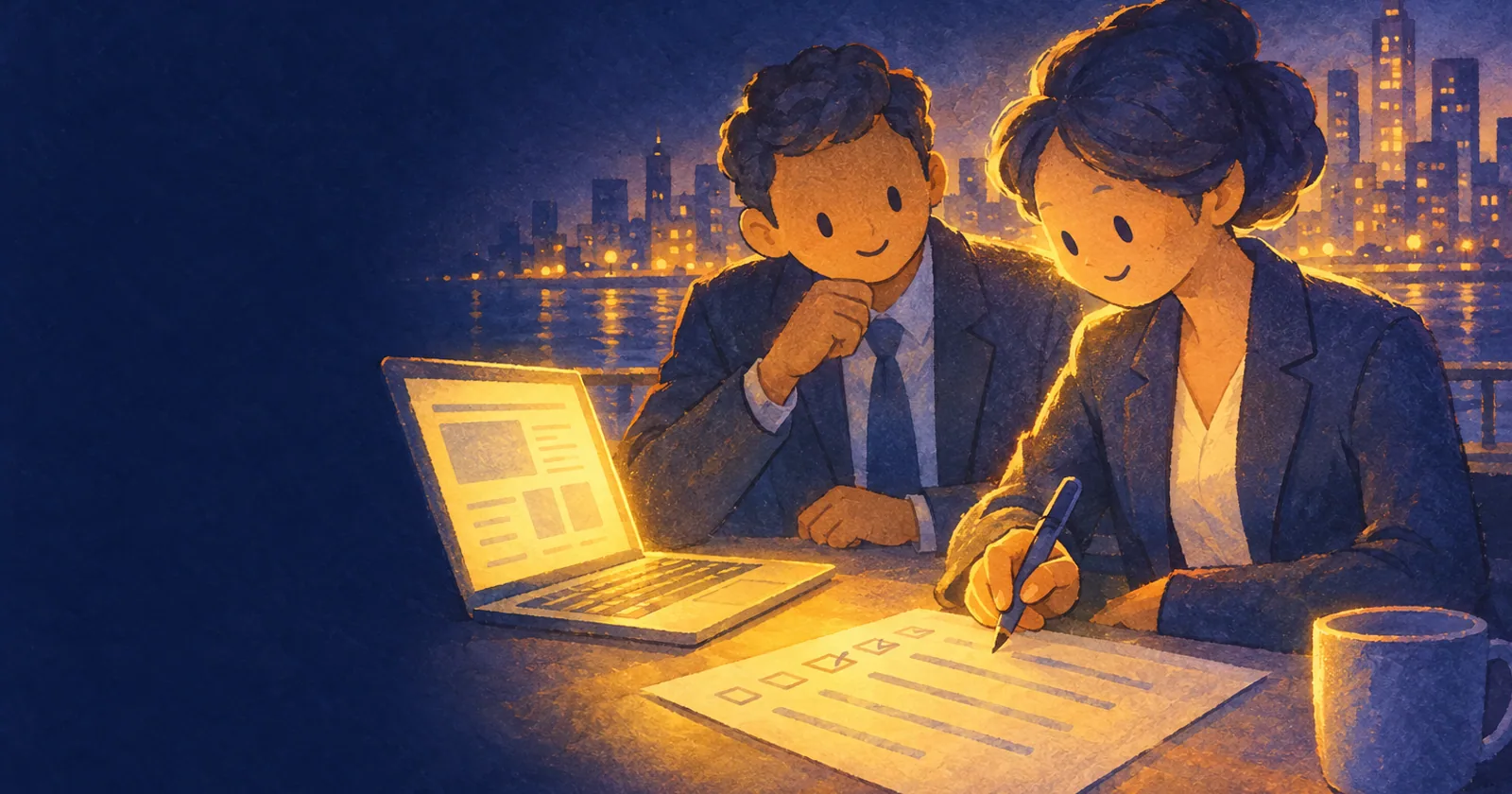 Two colleagues at a night desk ticking a checklist beside a glowing laptop