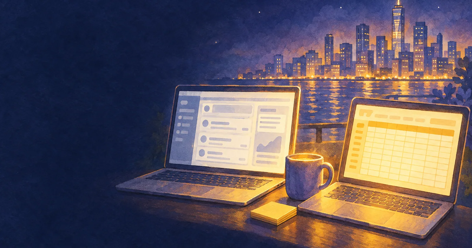 Two laptops on a desk at night, one with a CRM screen and one with a spreadsheet