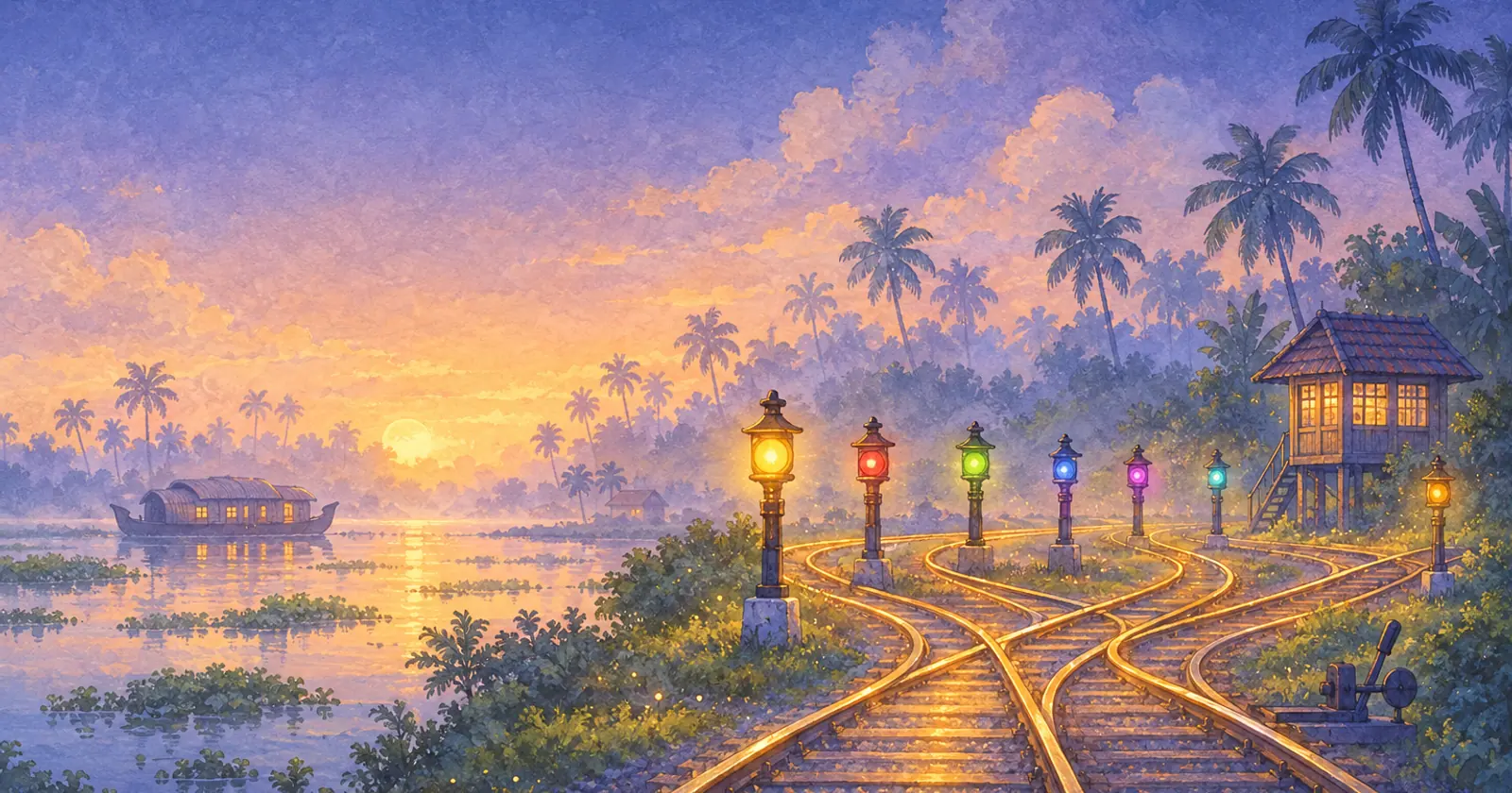 A railway junction at dawn where one line splits into many tracks, each lit by a lantern of a different colour