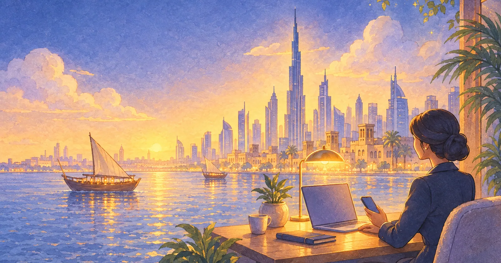 A Dubai agency owner at a desk with one phone and a laptop, scheduling a post for a client