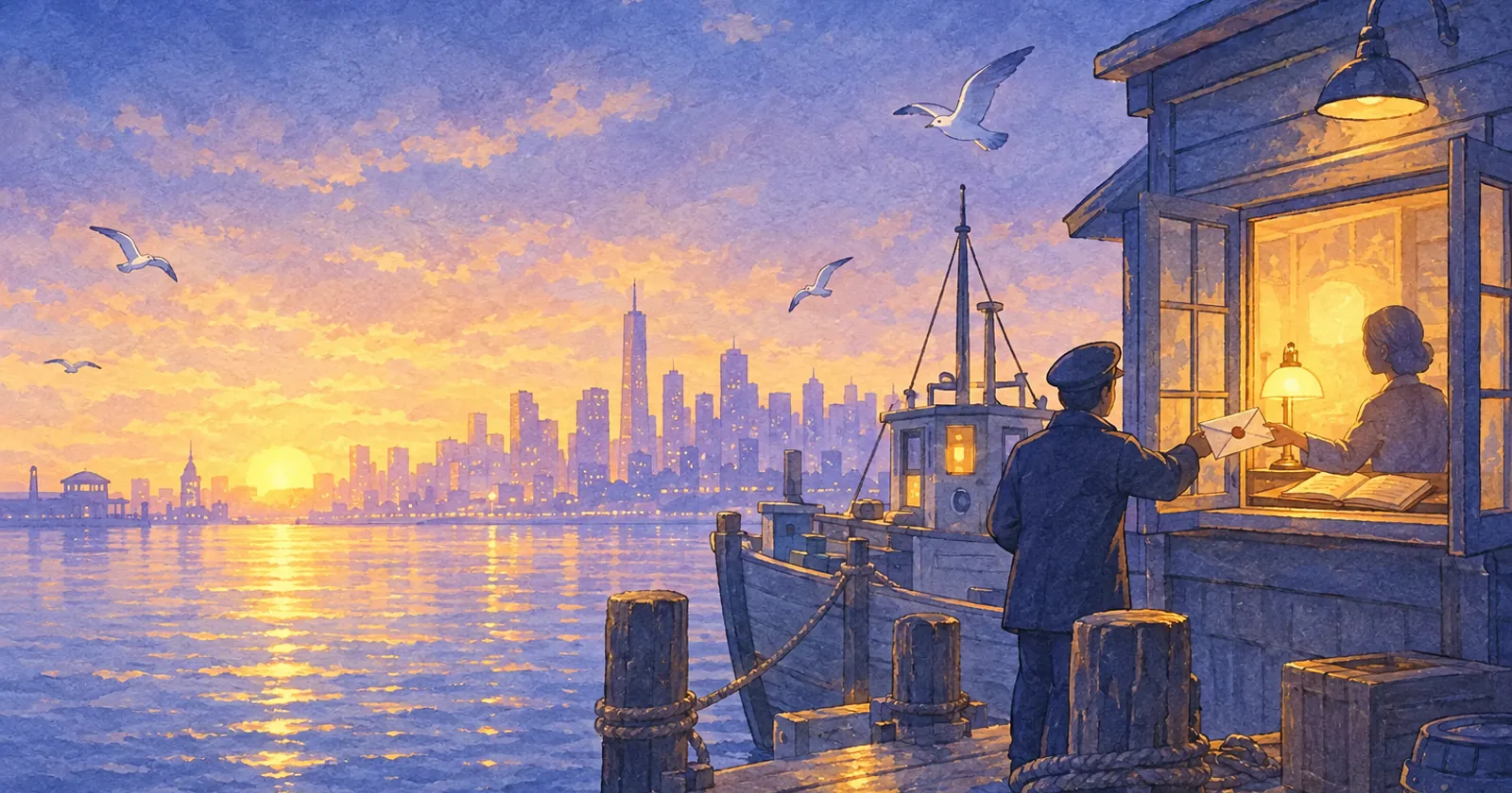 A courier from a moored boat hands a sealed envelope through a lit office window to a clerk at dawn