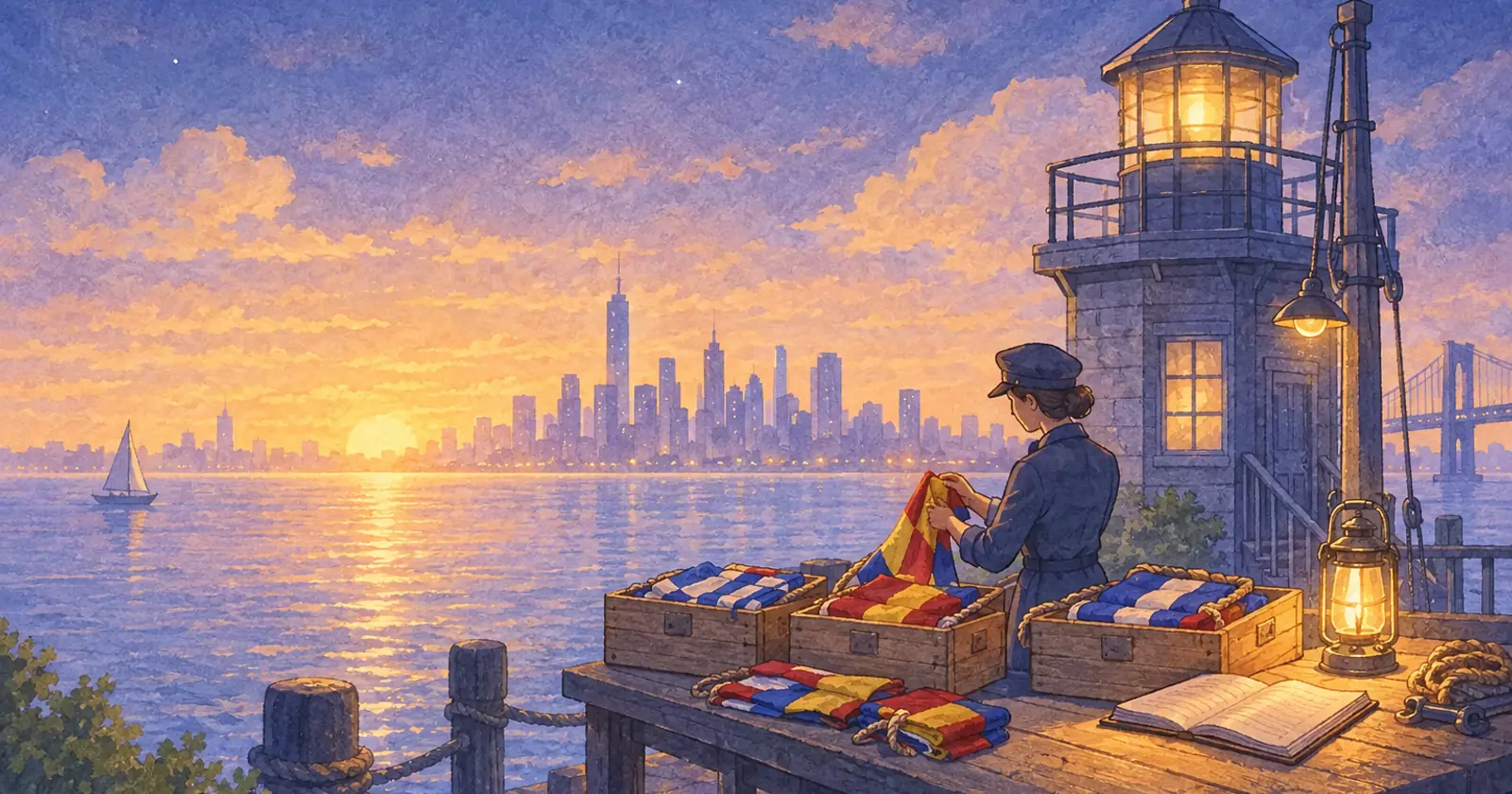 A keeper sorts signal flags into labelled boxes beside a lantern and logbook at a harbour signal tower at dawn