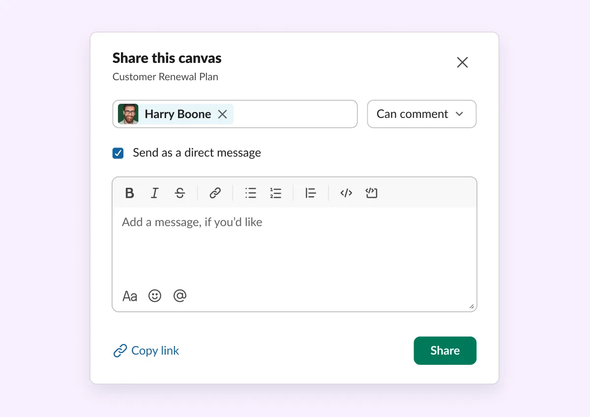 Slack screenshot: a Share this canvas dialog with the Can comment option selected