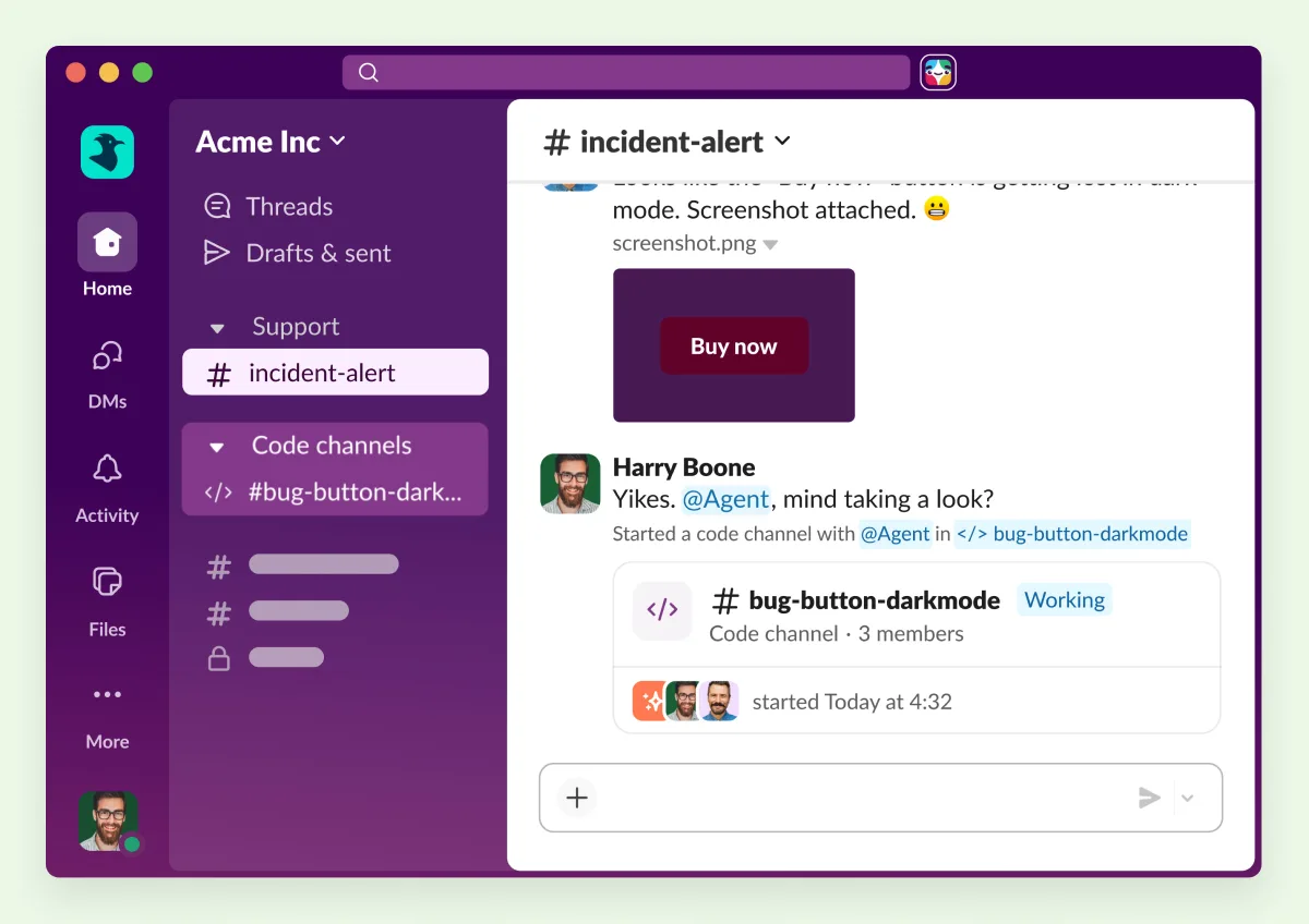 Slack screenshot: a code channel started from an incident alert, with an agent working on a dark-mode bug