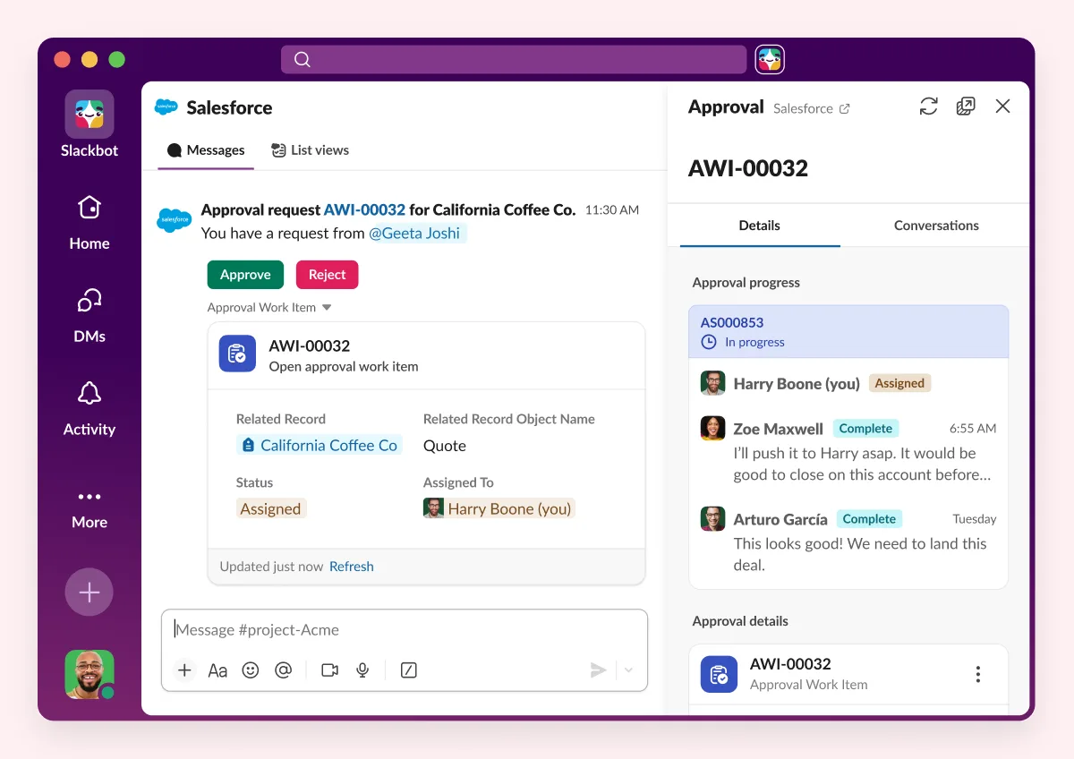 Slack screenshot: an approval request in Slack with Approve and Reject buttons and an approval progress panel