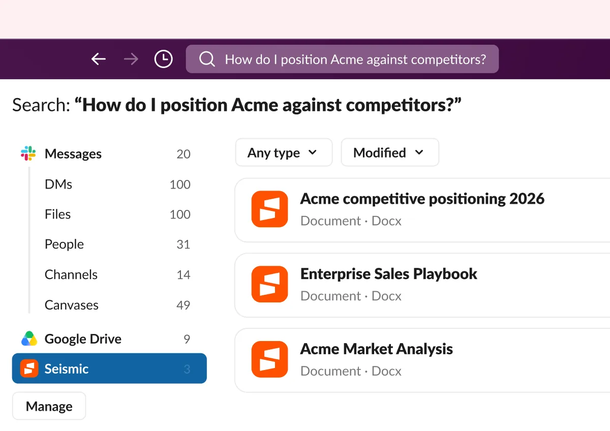Slack screenshot: search results for a competitive positioning question with Seismic documents listed as a source
