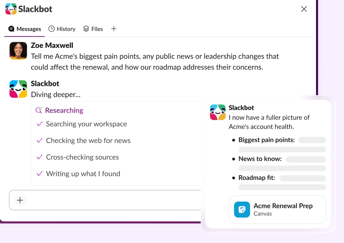 Slack screenshot: Slackbot researching an account, with steps and a summary of pain points, news and roadmap fit