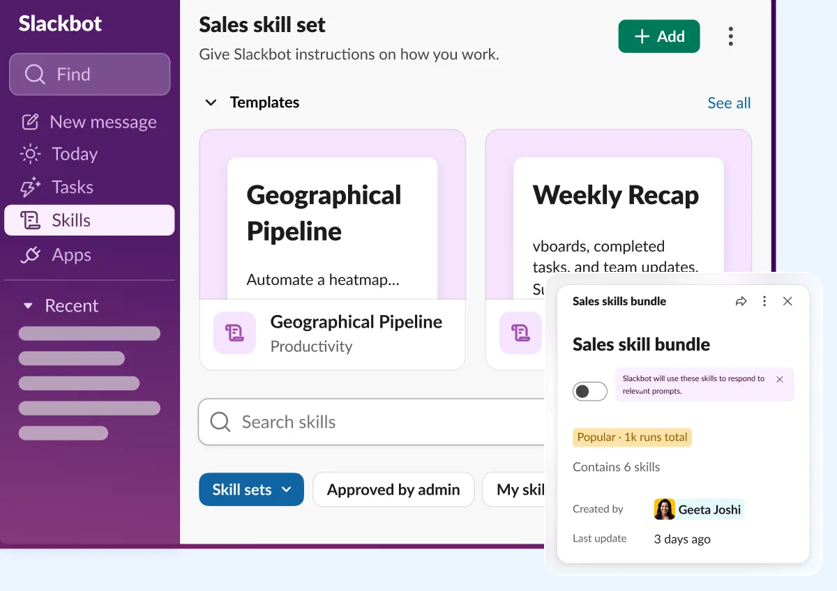 Slack screenshot: a Sales skill set in Slackbot with skills templates and a bundle panel