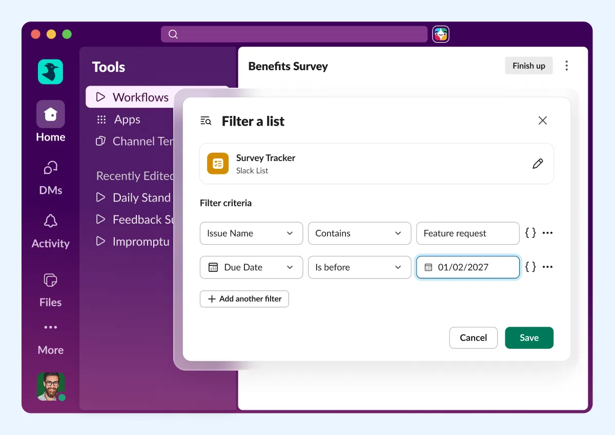 Slack screenshot: a Filter a list dialog in Workflow Builder filtering a Slack List by issue name and due date