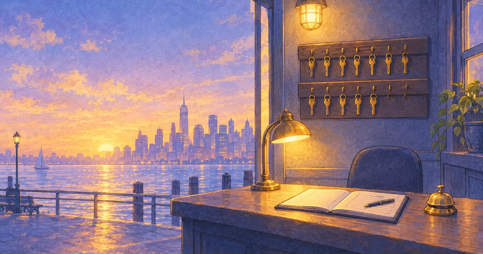 A building's front desk at dawn with a visitor log, a desk bell and a key board with two empty hooks