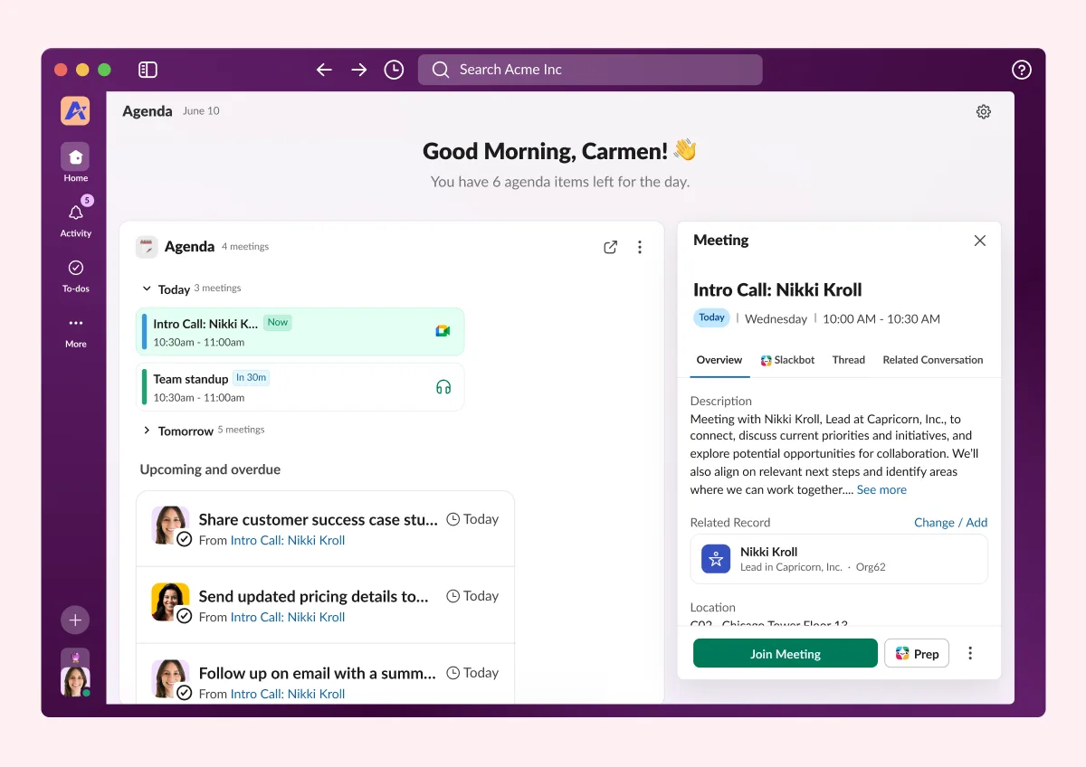 Slack screenshot: the Slack CRM Agenda with today's meetings, follow-up items from an intro call, and a meeting panel