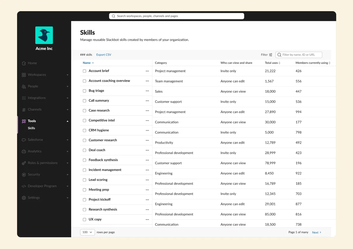 Slack screenshot: the Skills admin dashboard listing skills with category, sharing, total uses and members using them