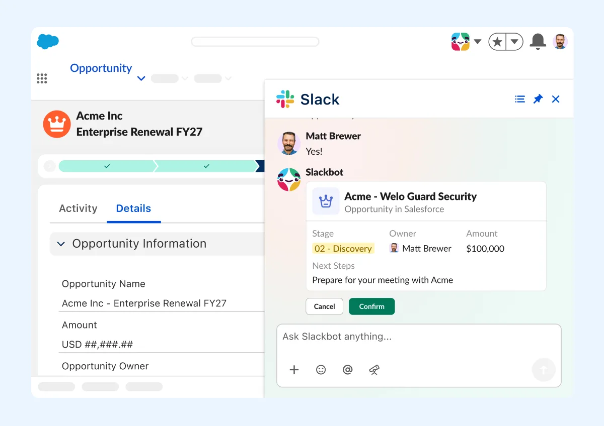 Slack screenshot: Slackbot in a side panel on a Salesforce opportunity, asking to confirm an update to the record