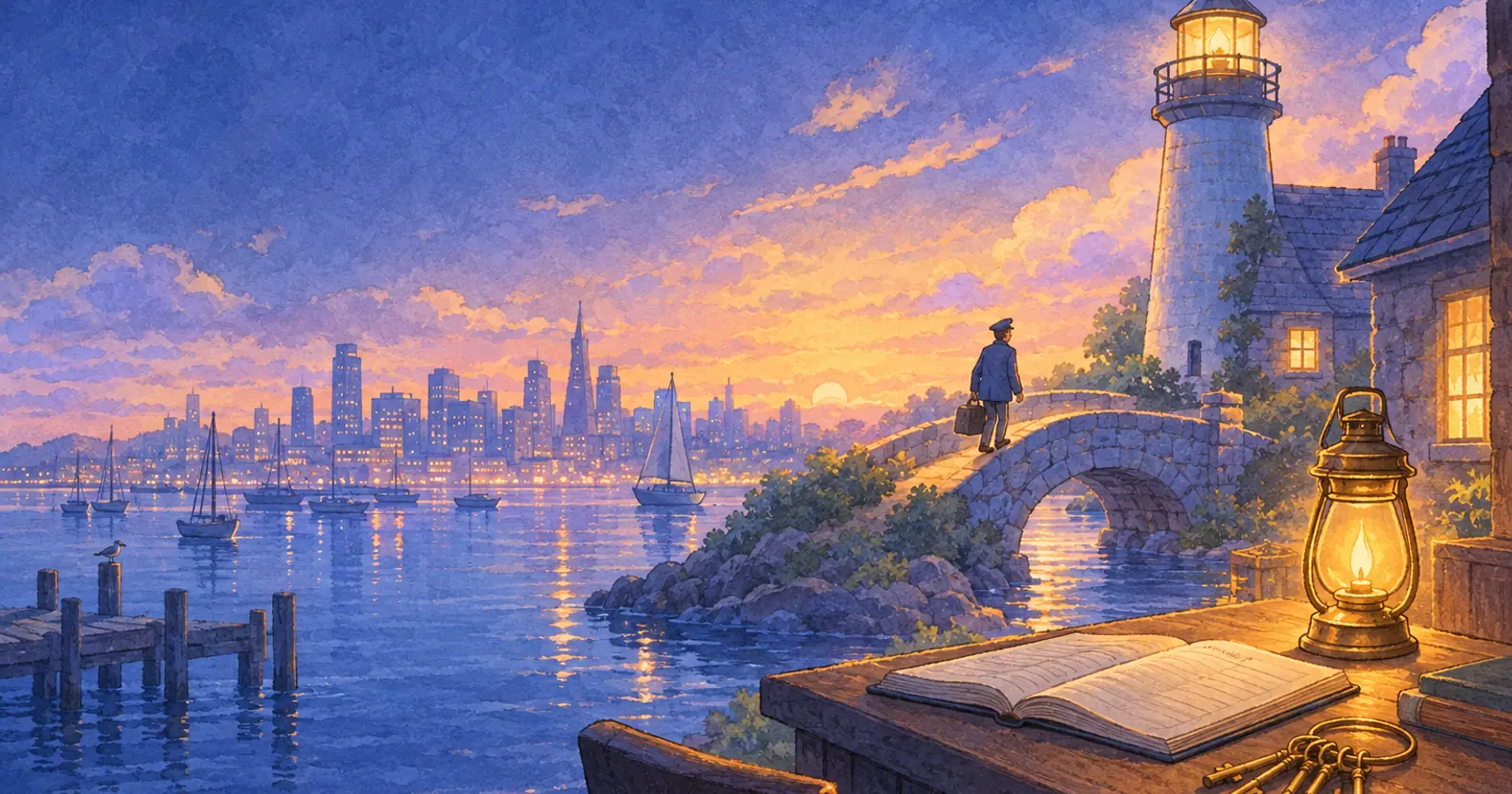 A lantern, an open logbook and a ring of keys on a lighthouse desk, a keeper crossing a stone bridge at dusk